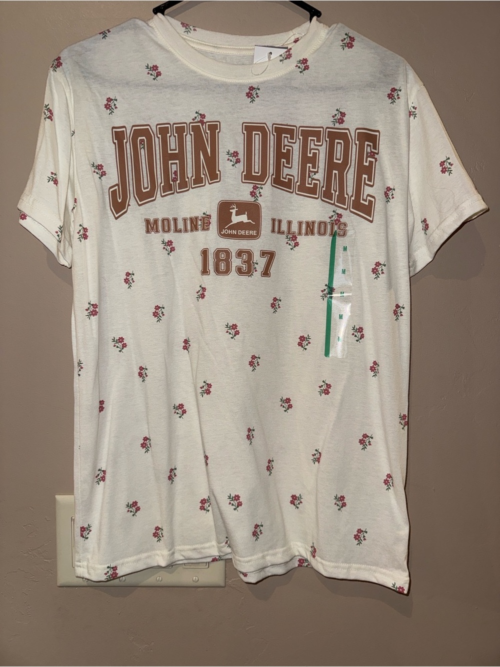 John Deere Cream Short-Sleeve Tee with Brown Logo and Red Floral Print